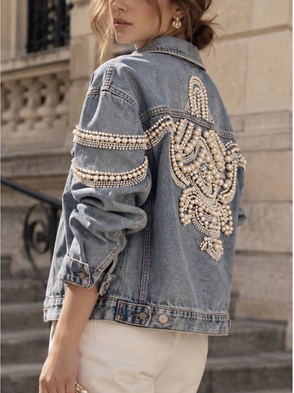 Sandro pearl-Embellished Light Blue Denim Jacket